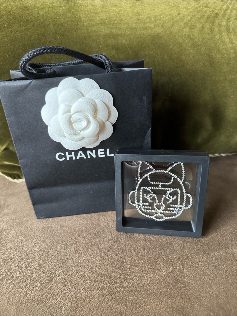 CHANEL Silver Crystal Cat Face Pin